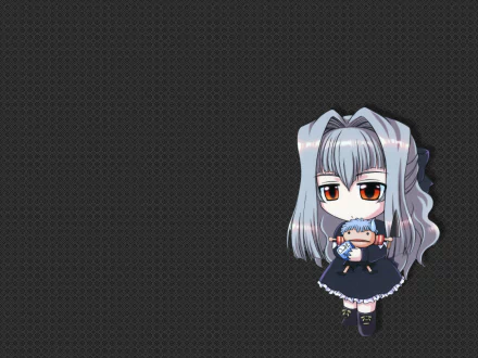 HD PC wallpaper featuring a chibi anime character, Anju Maaka from Karin, with silver hair and red eyes holding a small plush toy on a dark textured background.