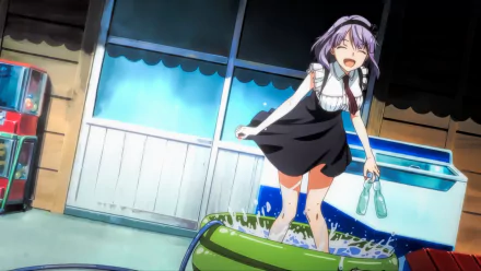 A smiling Shidare Hotaru with purple hair wears a headband and tie, playfully standing in a pool while holding bottles, set against a colorful, vibrant background from *Dagashi Kashi*.