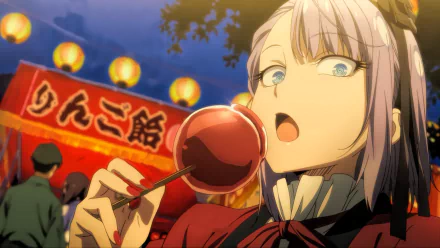 Shidare Hotaru from Dagashi Kashi enjoys a candy apple under glowing lanterns at night, showcasing her blue eyes and purple hair, set in a vibrant festival atmosphere.