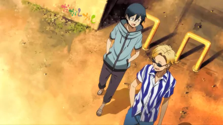 HD anime desktop wallpaper featuring Kokonotsu Shikada and Endou Tou from Dagashi Kashi, captured in a warm, sunlit outdoor setting.