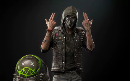 HD desktop wallpaper featuring Wrench from Watch Dogs 2. Wrench is wearing a studded jacket and a mask with crossed-out eyes, standing against a dark background.