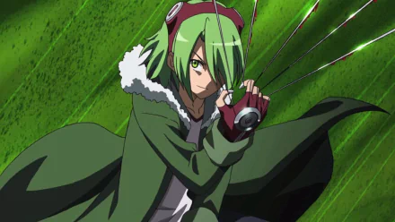 HD desktop wallpaper featuring Lubbock from Akame Ga Kill! poised with his weapon against a dramatic green background, capturing the anime's vibrant action and style.