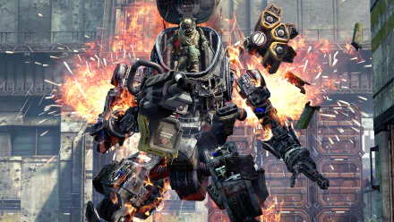 A dynamic scene from Titanfall 2 featuring a pilot inside a massive mech, surrounded by explosions and debris, showcasing the intense action of this popular video game. 4K Ultra HD resolution.