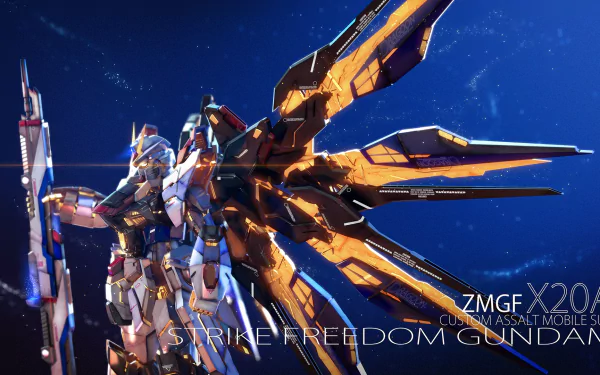 An HD desktop wallpaper featuring the Strike Freedom Gundam from Mobile Suit Gundam Seed Destiny, showcasing its intricate design and vibrant colors against a cosmic background.