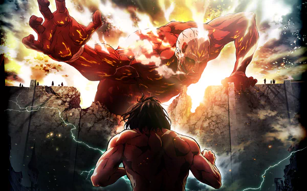 HD desktop wallpaper featuring Eren Yeager facing off against the Armored Titan amidst a dramatic, fiery backdrop from the anime series Attack on Titan.