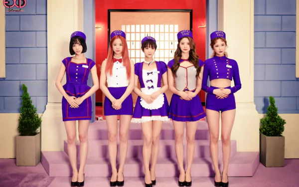 Five members of EXID stand in stylish purple outfits against a colorful backdrop. This HD desktop wallpaper captures their vibrant energy and unique fashion.