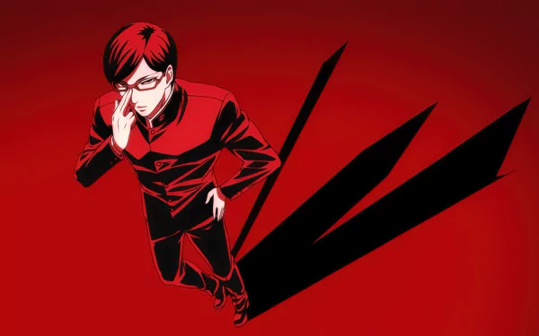 HD anime wallpaper featuring Sakamoto from Haven't You Heard I'm Sakamoto, standing confidently against a striking red background with his shadow cast behind him.