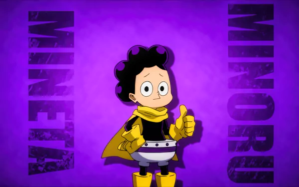 HD desktop wallpaper of Minoru Mineta from My Hero Academia. The background is purple with his name, Mineta Minoru, displayed on both sides.