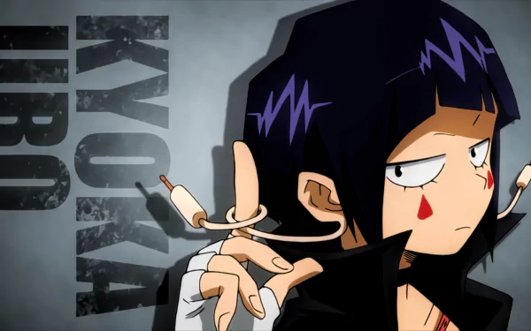 HD desktop wallpaper featuring Kyōka Jirō from the anime My Hero Academia, showcasing her earphone jacks against a gray background with her name on the left.