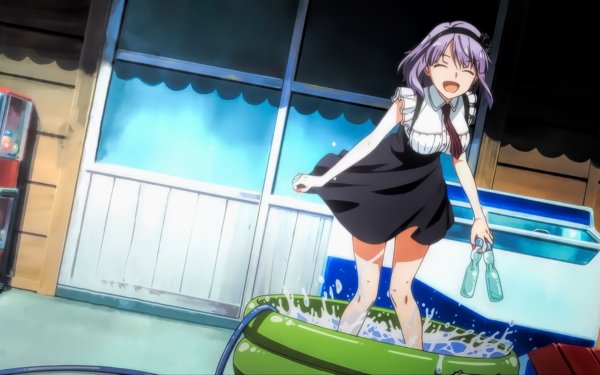 Anime Dagashi Kashi Shidare Hotaru Pool Bottle Purple Hair Smile Skirt Tie Headband HD Wallpaper | Background Image