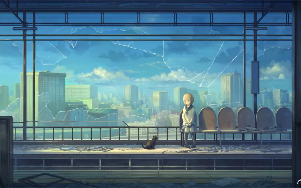 Anime-style wallpaper featuring a cityscape viewed through broken glass. A cat sits beside a person on a bench at an abandoned train station under a bright sky with scattered clouds.