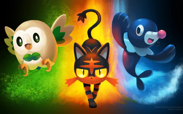 HD desktop wallpaper featuring Pokémon from Sun and Moon: Rowlet on the left with a green background, Litten in the center with an orange background, and Popplio on the right with a blue background.