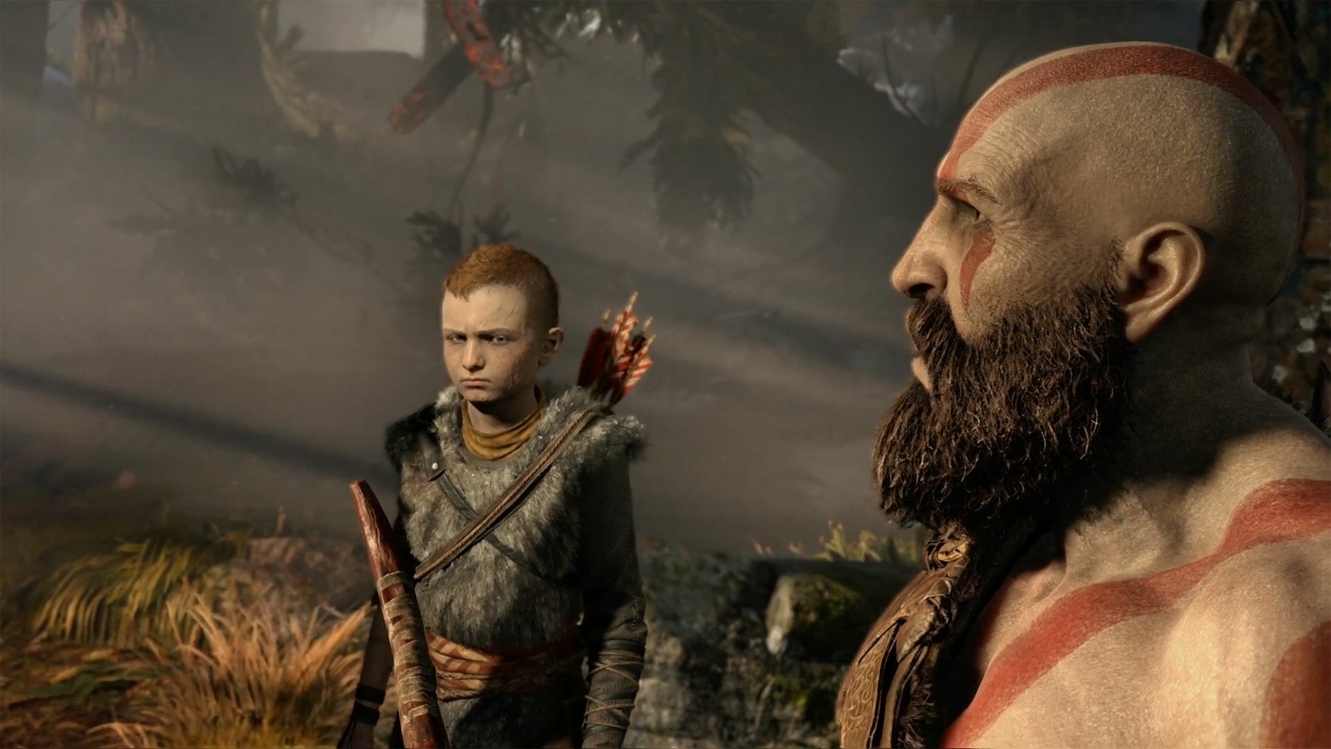 Kratos and Atreus from God of War (2018) stand against a misty backdrop, embodying the epic narrative of the acclaimed video game. High-definition image for desktop use.