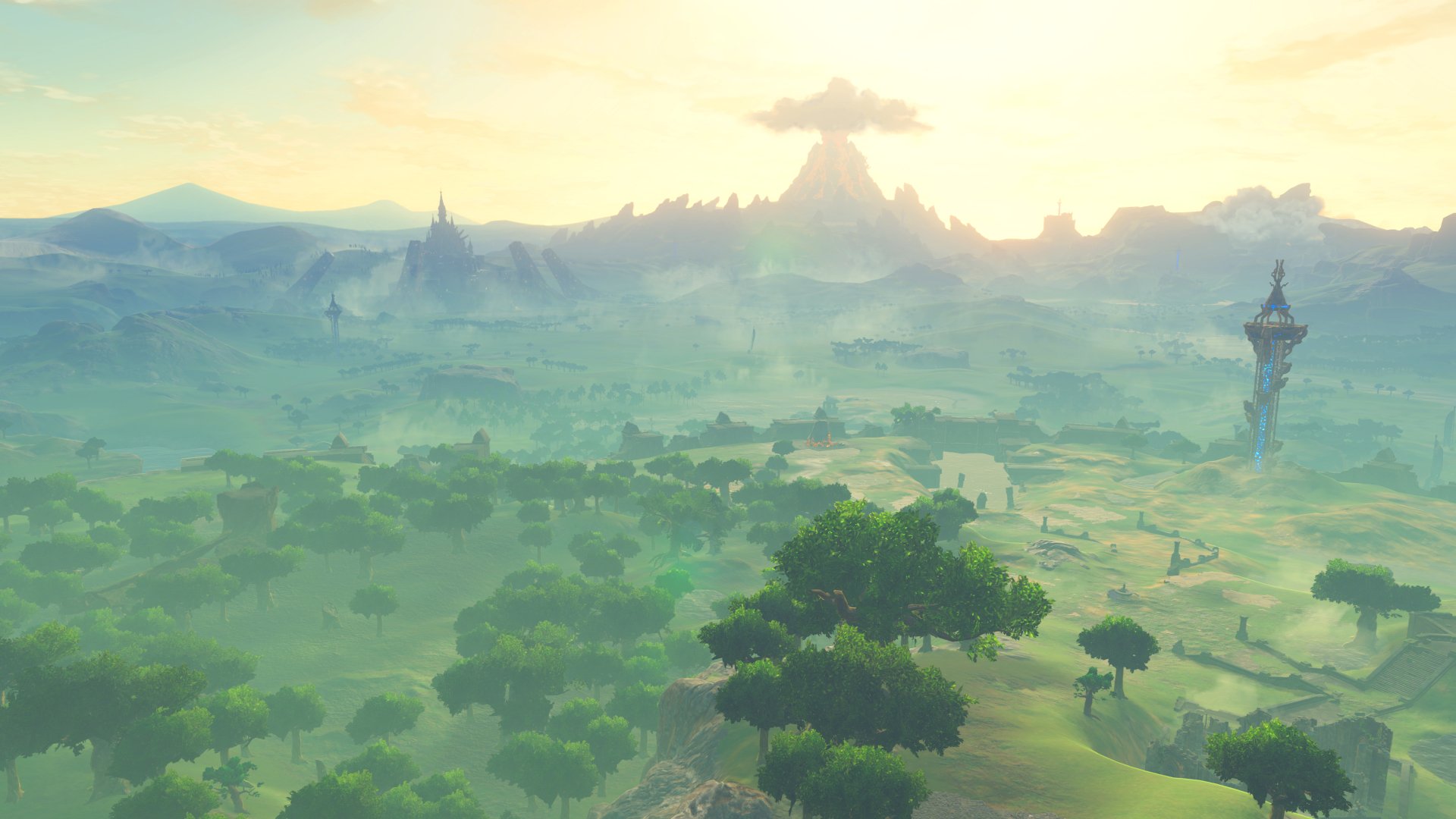 HD desktop wallpaper featuring a serene landscape from The Legend of Zelda: Breath of the Wild, showcasing lush greenery, towering mountains, and misty valleys under a gentle sunrise.