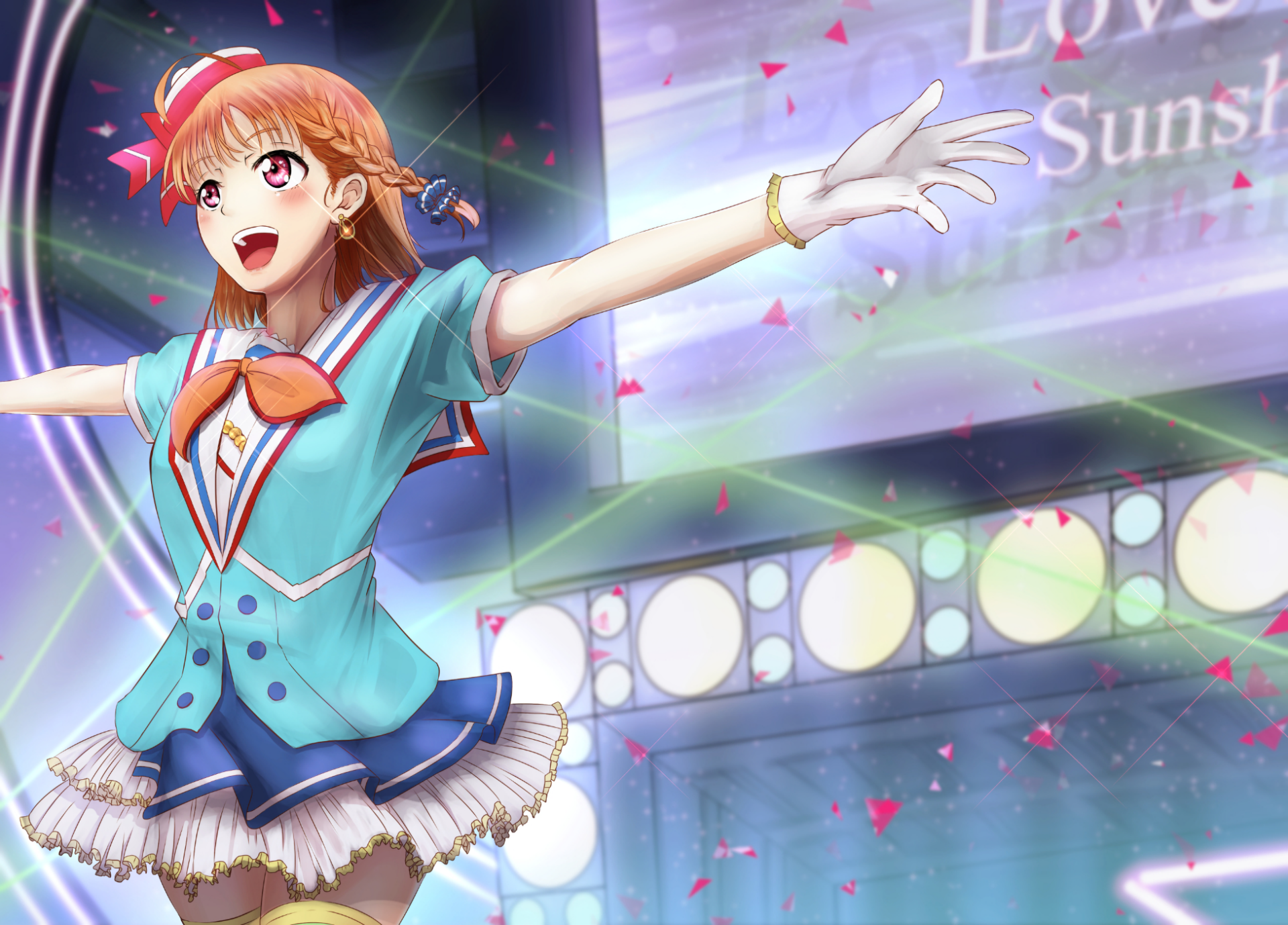 HD PC desktop wallpaper featuring Chika Takami from the anime Love Live! Sunshine!!, brightly smiling on stage with vibrant lights and colorful confetti.