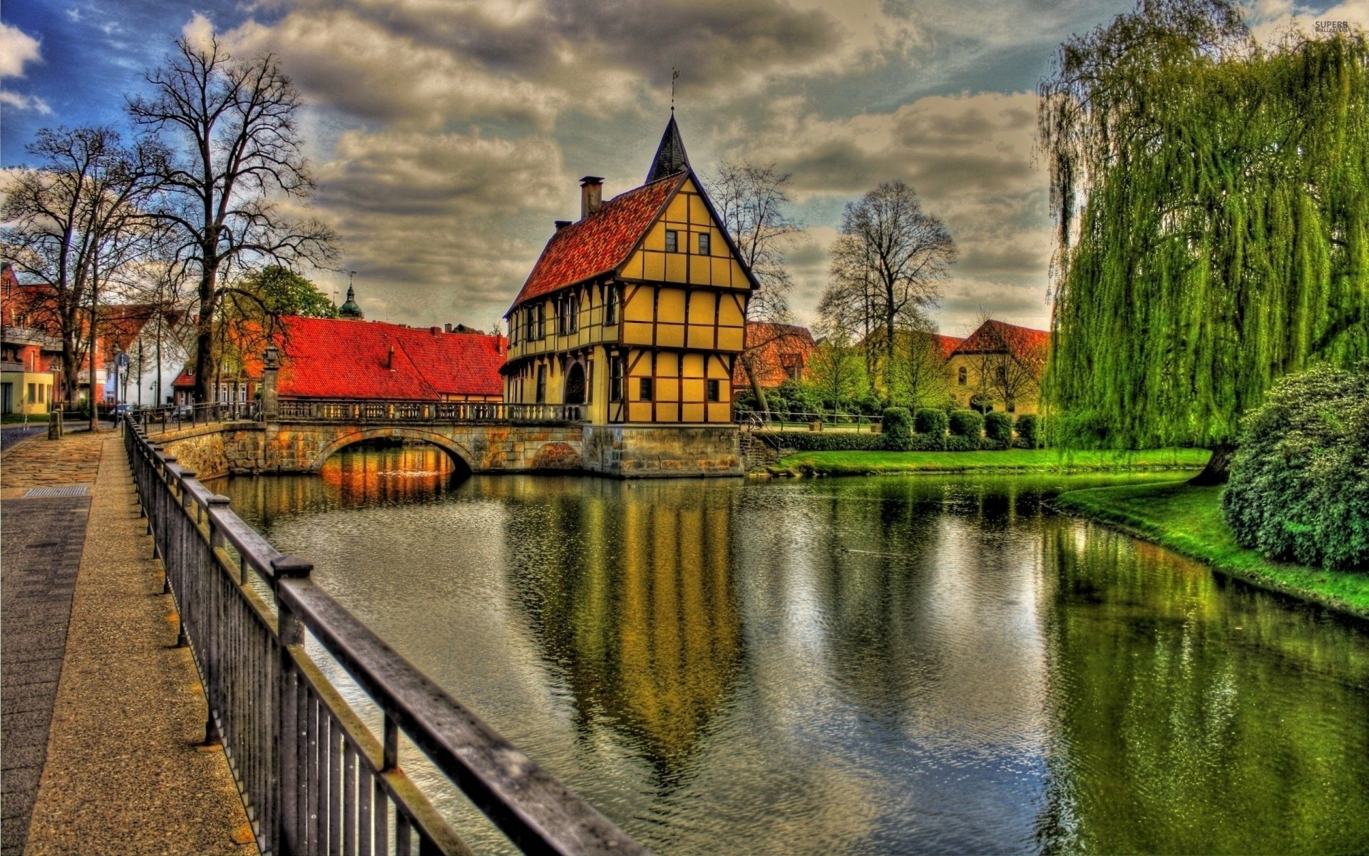 Download HDR Germany Fence Canal House Man Made Town HD Wallpaper