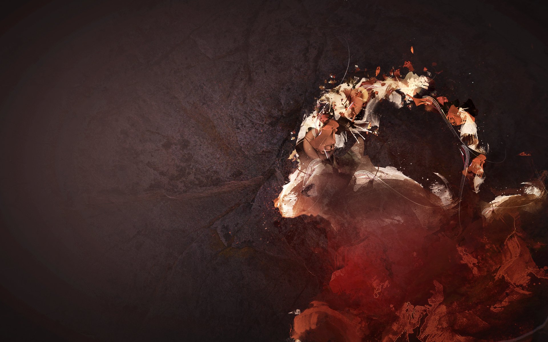 A HD desktop wallpaper featuring an abstract CGI image with rich textures and patterns, inspired by the Intrepid Ibex Ubuntu theme, dominated by shades of red and dark tones.