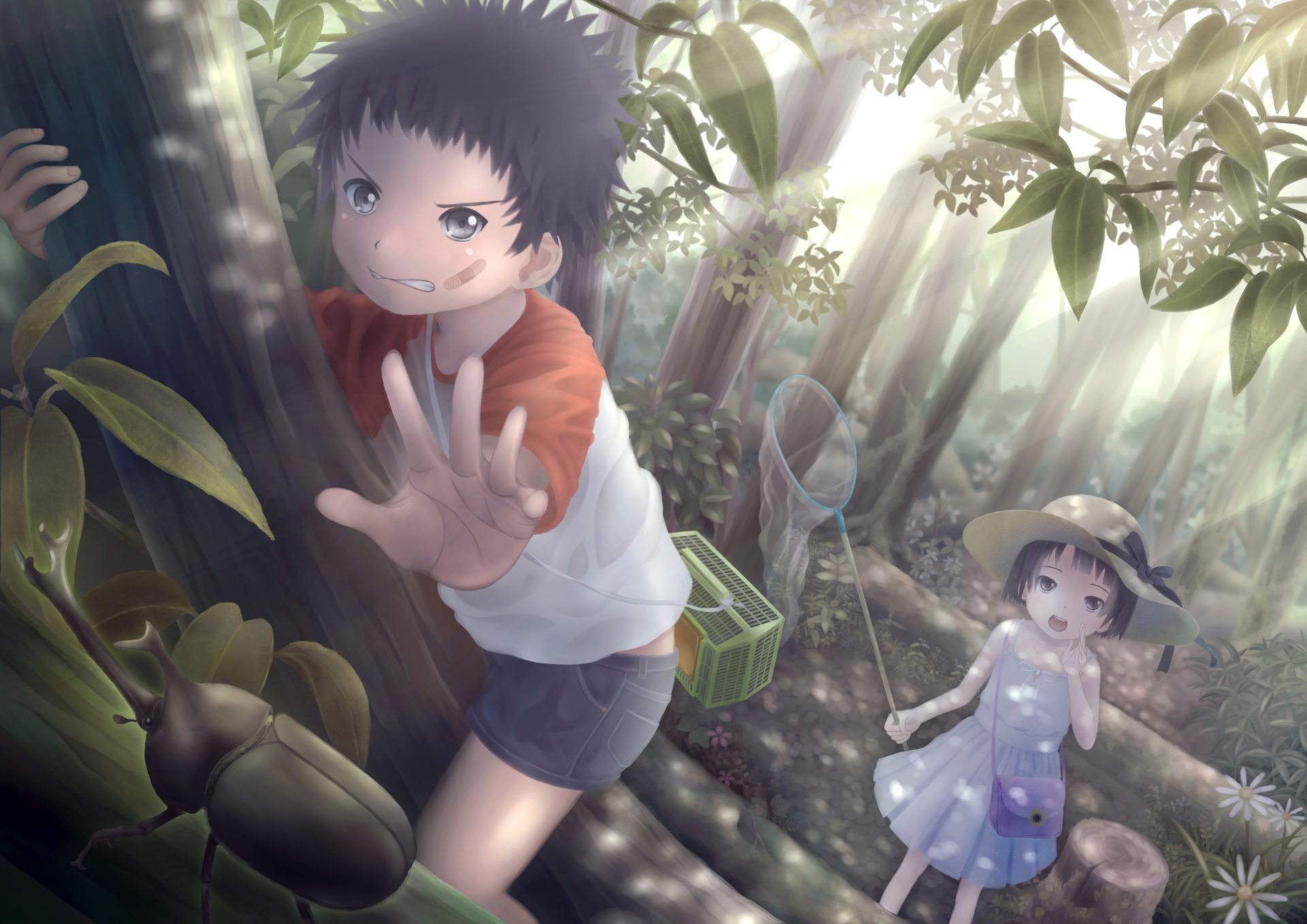 Anime Original HD PC desktop wallpaper and background: two children exploring a sunlit forest — a boy climbs a tree reaching forward, a girl in a hat follows with a bug net among dappled leaves.