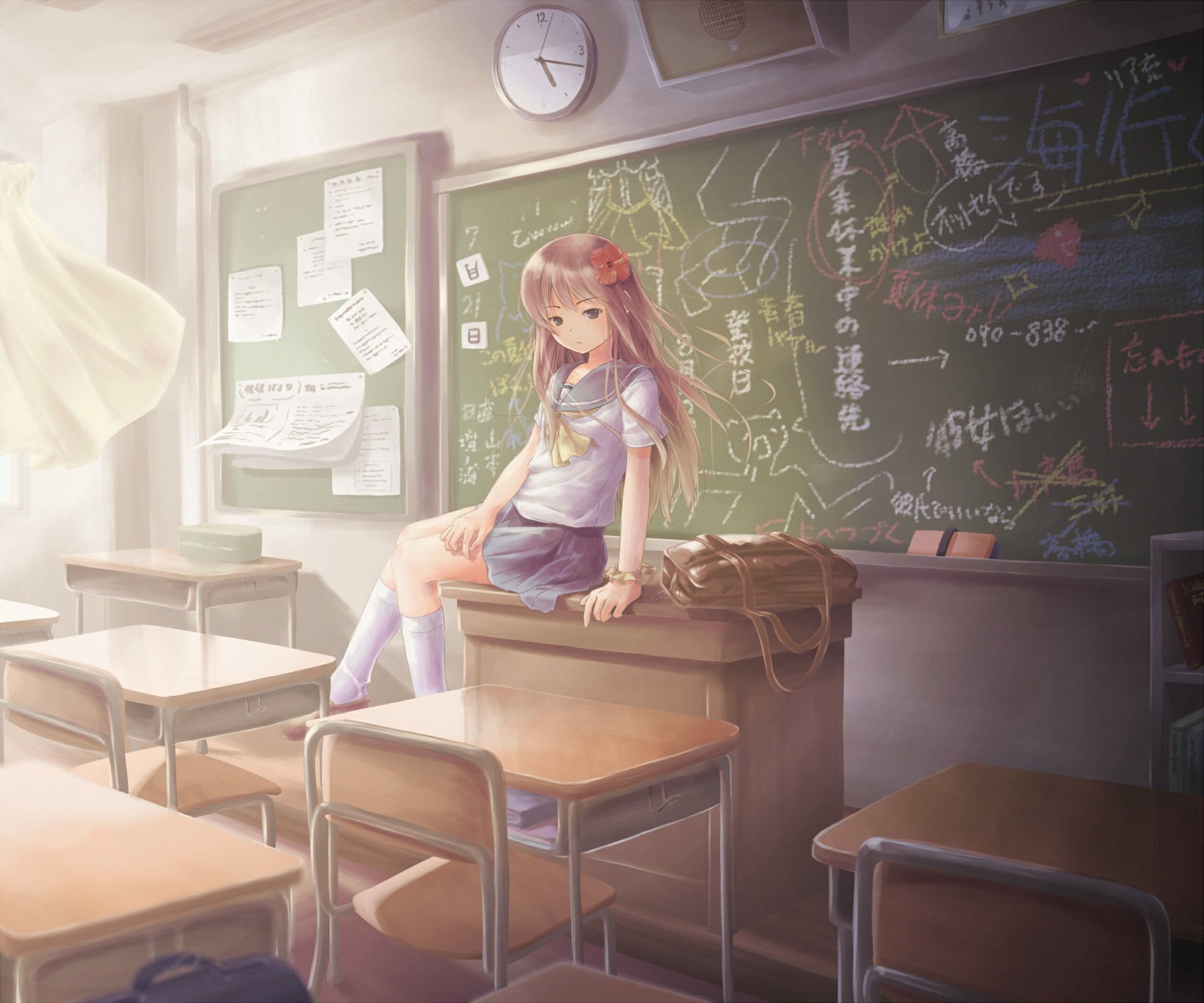 Anime Original HD PC desktop wallpaper and background: a schoolgirl in uniform sits on a teacher's desk in a sunlit classroom, chalkboard full of sketches behind her.