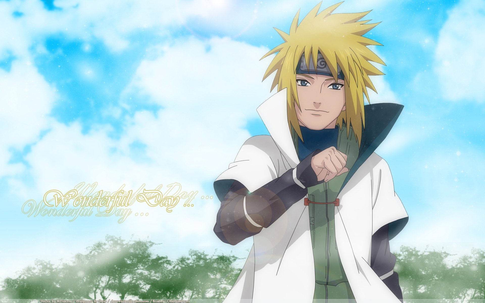 HD desktop wallpaper featuring Minato Namikaze from the anime Naruto, showcasing the character against a bright sky and lush greenery.