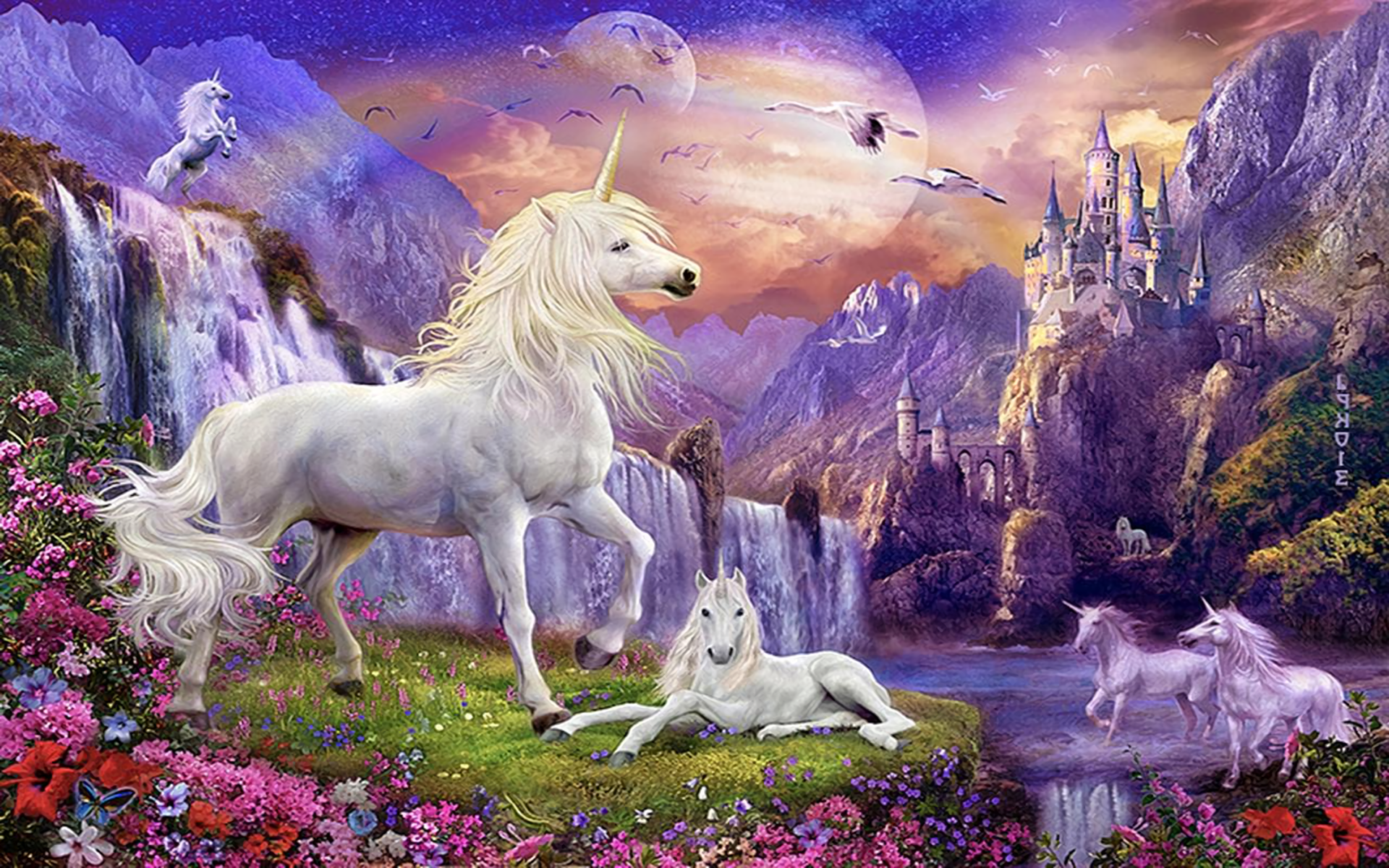 fantasy of unicorns, waterfalls and castles