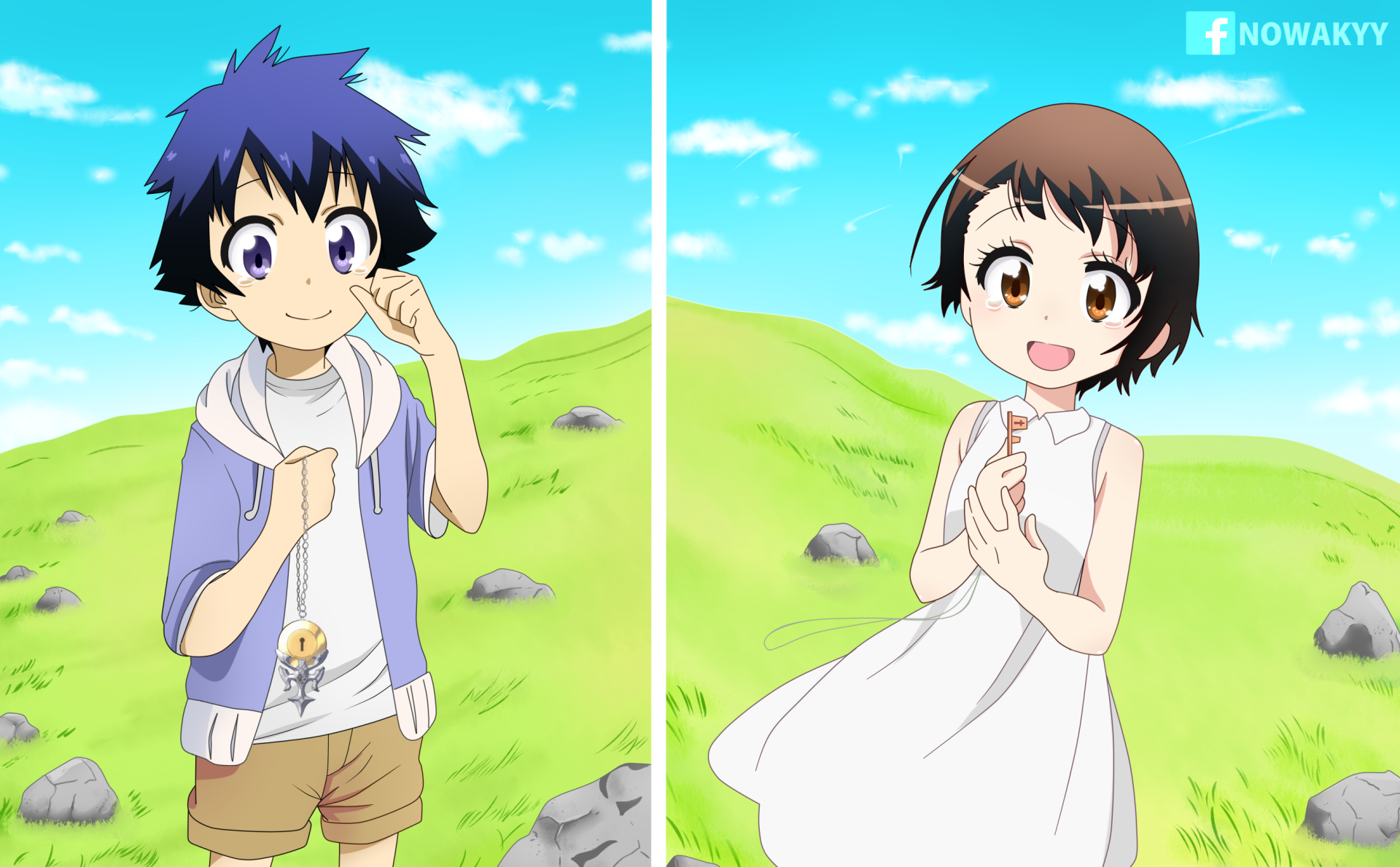 Anime characters Raku Ichijō and Kosaki Onodera stand in a vibrant green landscape under a blue sky, featured in a high-definition wallpaper from *Nisekoi*.