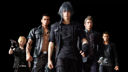 HD desktop wallpaper and background featuring characters from the video game Final Fantasy XV, showcasing a group of five characters with a black backdrop.