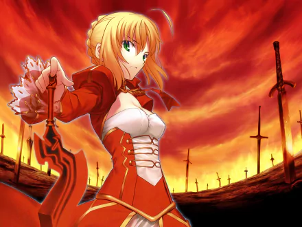 Red Saber from the Fate series stands confidently in a dramatic landscape filled with swords, set against a fiery sunset. A striking 4K Ultra HD anime wallpaper showcasing her bold presence.