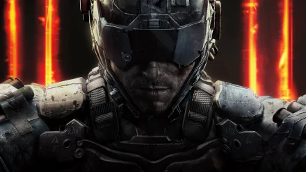 HD desktop wallpaper featuring a futuristic soldier from Call of Duty: Black Ops III, adorned in advanced combat gear with glowing orange lines in the background.