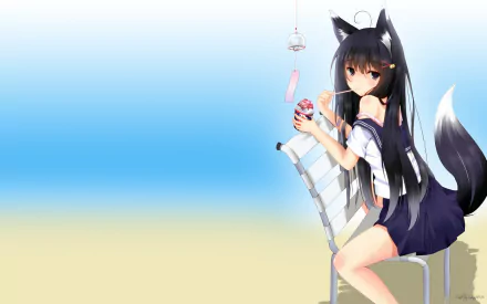 A girl with nekomimi sits on a chair at the beach, enjoying ice cream. The vibrant colors and original anime style create a captivating HD desktop wallpaper and background.
