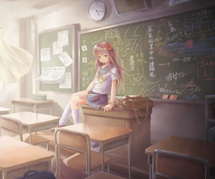 Anime Original HD PC desktop wallpaper and background: a schoolgirl in uniform sits on a teacher's desk in a sunlit classroom, chalkboard full of sketches behind her.