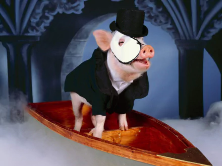 A dapper pig in a tuxedo and monocle stands proudly in a boat, surrounded by mist. This whimsical image serves as a charming HD PC desktop wallpaper and background.
