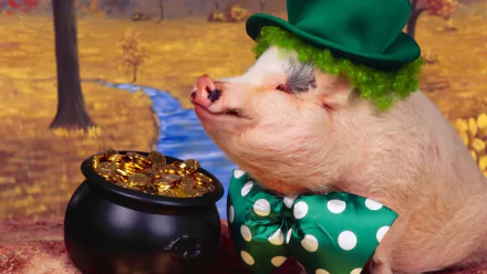 A pig in a green hat and bow tie stands next to a pot of gold, set against a nature background. This HD wallpaper features a whimsical animal costume theme.