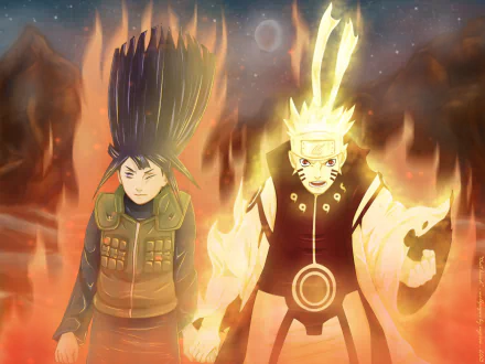 Dynamic HD wallpaper featuring Naruto Uzumaki and Hinata Hyuga, set against a fiery background, showcasing their iconic anime styles from Naruto.