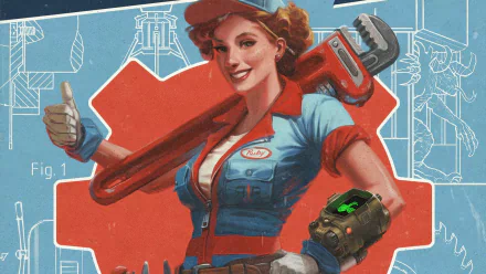 HD Fallout 4 Wasteland Workshop desktop wallpaper featuring a smiling mechanic woman holding a large wrench, set against blueprints and a bright red background.