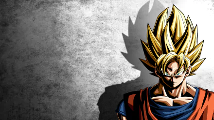 HD desktop wallpaper featuring Goku from Dragon Ball Z, depicted with his iconic spiked golden hair, set against a textured gray background with his shadow cast prominently.