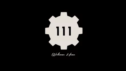 Vault 111 logo from the video game Fallout 4 is displayed in white on a black background with the phrase Welcome Home below in this HD PC desktop wallpaper.