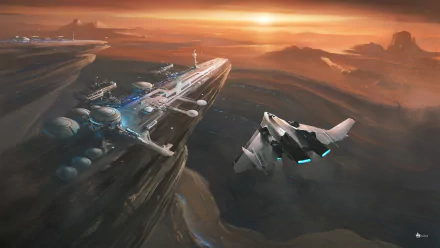 HD desktop wallpaper of a futuristic spaceport with a docked spaceship and another ship flying nearby. The sci-fi scene is set against a dramatic, otherworldly landscape at sunset.