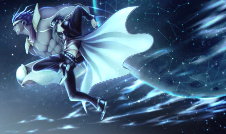 Jotaro Kujo from Jojo's Bizarre Adventure accelerates through a starry background, showcasing dynamic action in this HD anime desktop wallpaper.