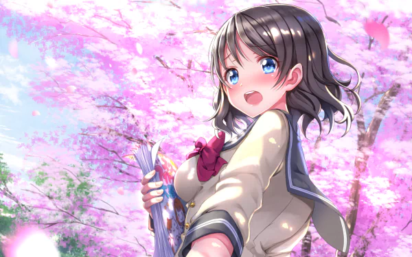 A vibrant HD wallpaper featuring You Watanabe from Love Live! Sunshine!! surrounded by blooming cherry blossoms, capturing a joyful moment in an anime-inspired scene.