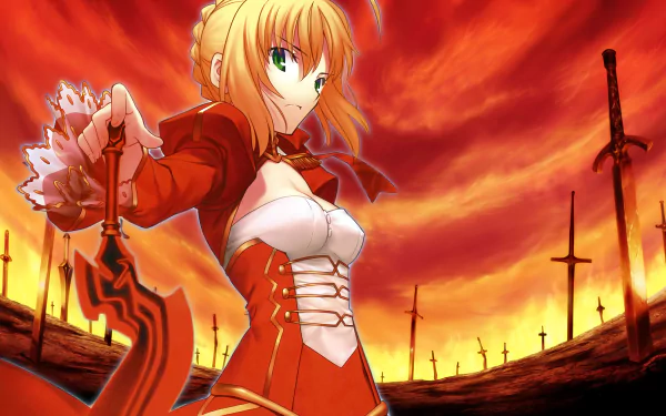Red Saber from the Fate series stands confidently in a dramatic landscape filled with swords, set against a fiery sunset. A striking 4K Ultra HD anime wallpaper showcasing her bold presence.