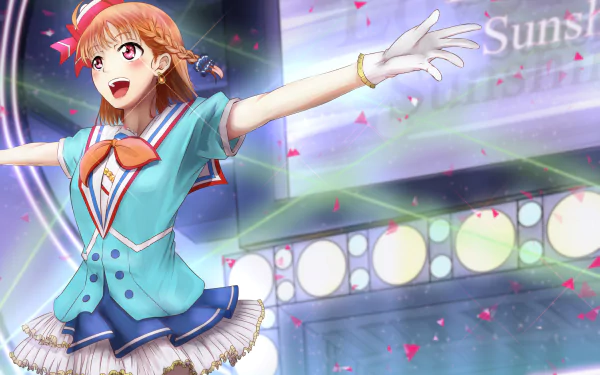 HD PC desktop wallpaper featuring Chika Takami from the anime Love Live! Sunshine!!, brightly smiling on stage with vibrant lights and colorful confetti.