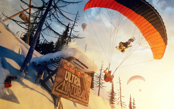 4K Ultra HD PC desktop wallpaper from the video game Steep: a paraglider soars over sunlit snowy slopes, trees and an ULTRA NATURAL sign with hot-air balloons on the horizon.