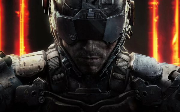 HD desktop wallpaper featuring a futuristic soldier from Call of Duty: Black Ops III, adorned in advanced combat gear with glowing orange lines in the background.