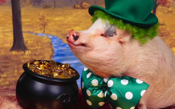 A pig in a green hat and bow tie stands next to a pot of gold, set against a nature background. This HD wallpaper features a whimsical animal costume theme.