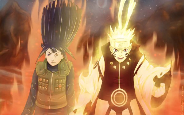Dynamic HD wallpaper featuring Naruto Uzumaki and Hinata Hyuga, set against a fiery background, showcasing their iconic anime styles from Naruto.