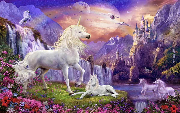 HD desktop wallpaper of a fantasy scene featuring unicorns, a cascading waterfall, and a towering castle, set against a vibrant and magical backdrop.