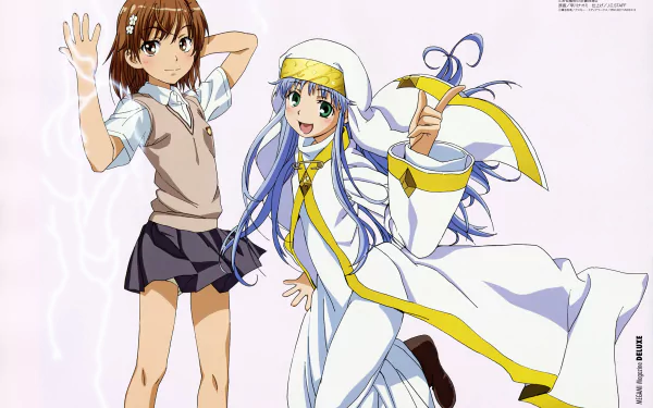 Two anime characters from A Certain Magical Index stand against a light background. One has short brown hair and a school uniform, while the other wears a flowing white outfit with blue accents.