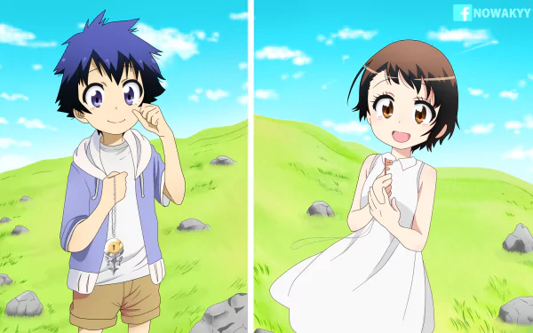 Anime characters Raku Ichijō and Kosaki Onodera stand in a vibrant green landscape under a blue sky, featured in a high-definition wallpaper from *Nisekoi*.