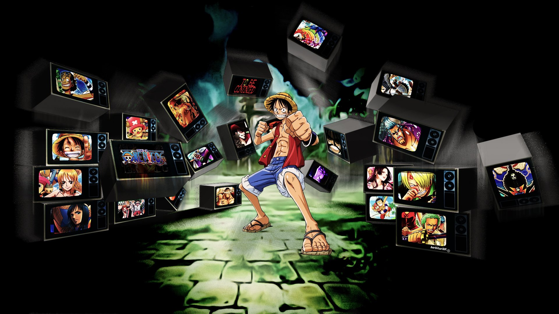HD anime desktop wallpaper featuring Monkey D. Luffy from One Piece surrounded by floating screens displaying various One Piece scenes.